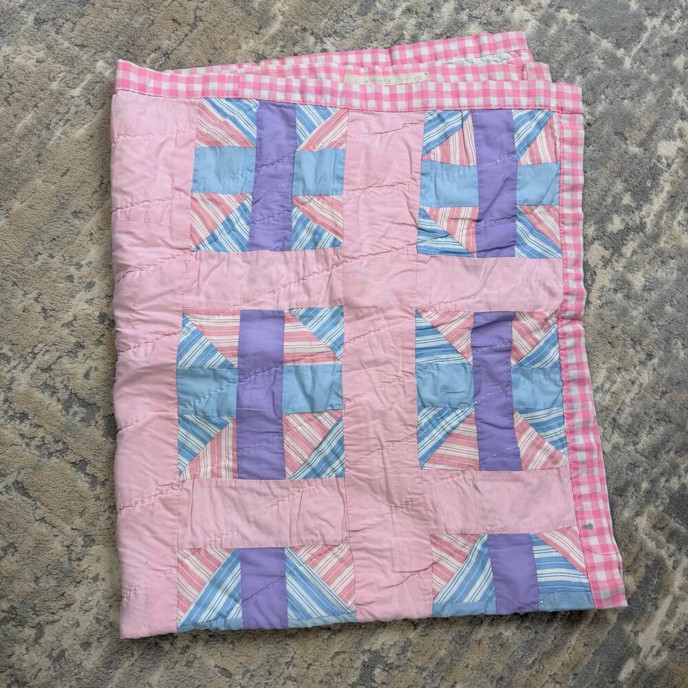 VTG Hand stitched Pink Purple Blue Baby Crib Patchwork Quilt 44”x50”